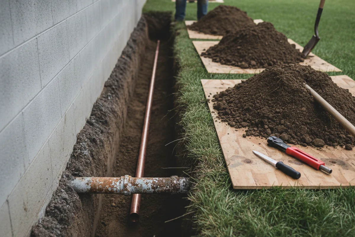 Excavated water line trench during Water Heater Repair in Seabrook